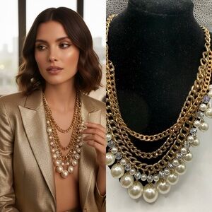 Gold Multi Layer Chain Faux Pearl Statement Necklace Chunky Bib Necklace